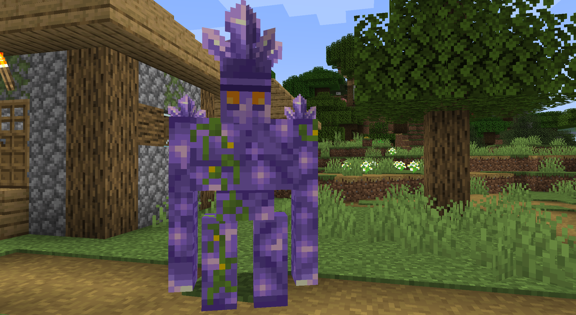 Игрок в Minecraft строит дом из дерева и камня в режиме выживания