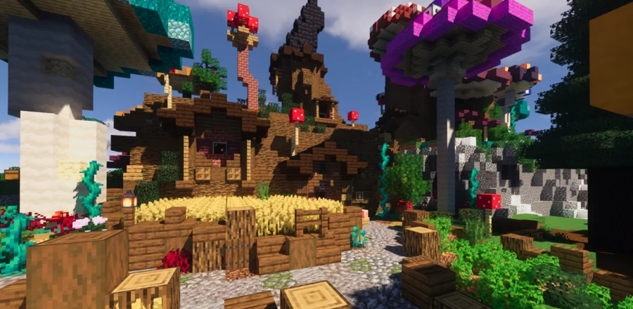 Красивое построенное королевство в Minecraft с замками и мостами
