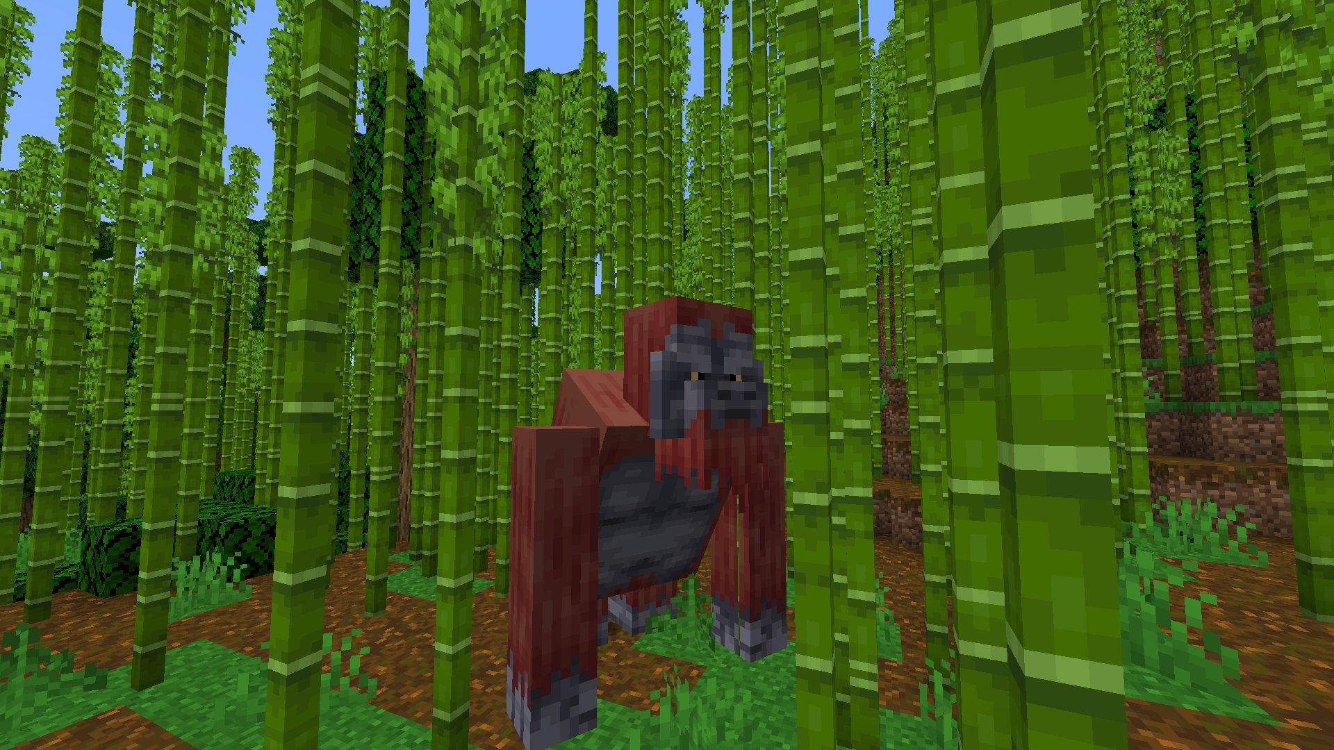 Стая обезьян на дереве в Minecraft, одна из них держит банан