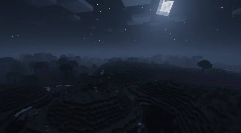 Игрок в Minecraft строит дом из дерева и камня ночью при свете факелов