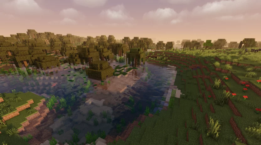 Красивый пейзаж биома грибных островов в Minecraft с мухоморами и мицелием