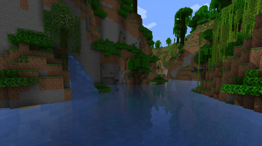 Горная пещера в Minecraft с рудами и факелами
