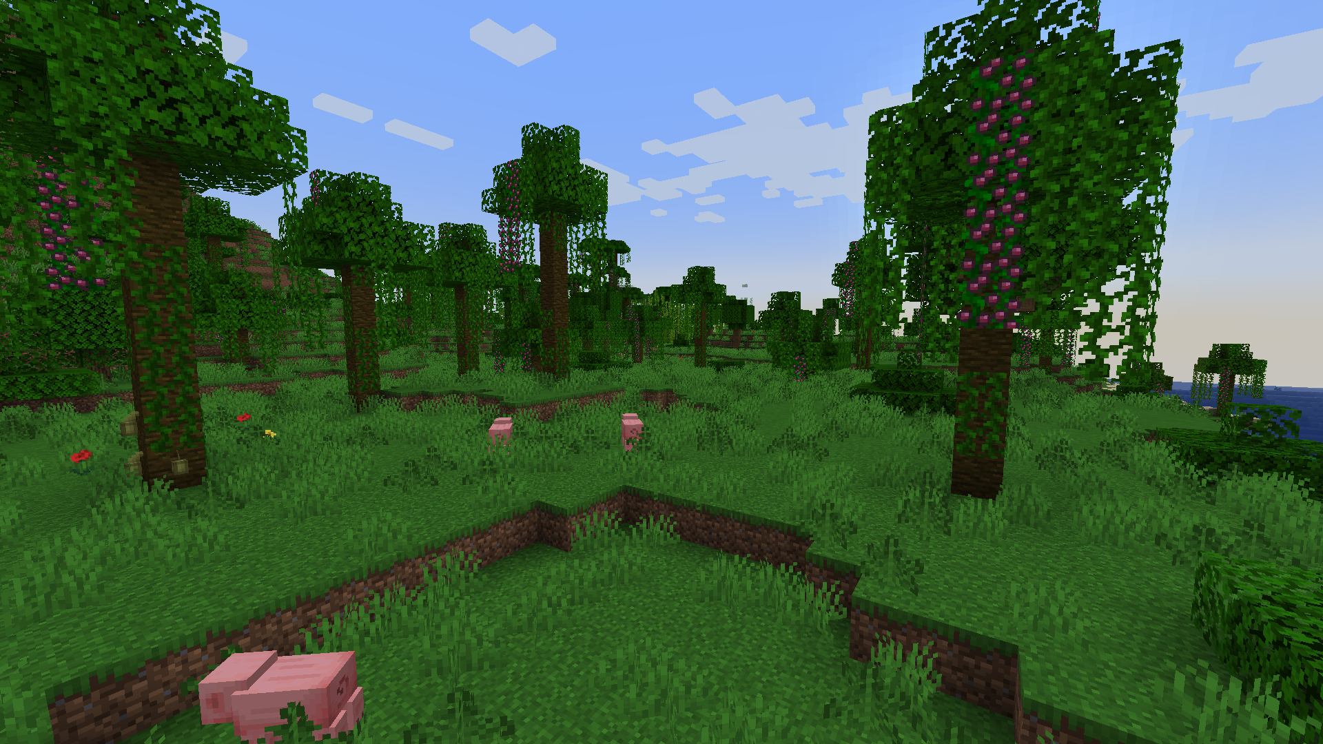 Ферма с ягодами из мода Bodacious Berries в Minecraft, демонстрирующая автоматический сбор урожая