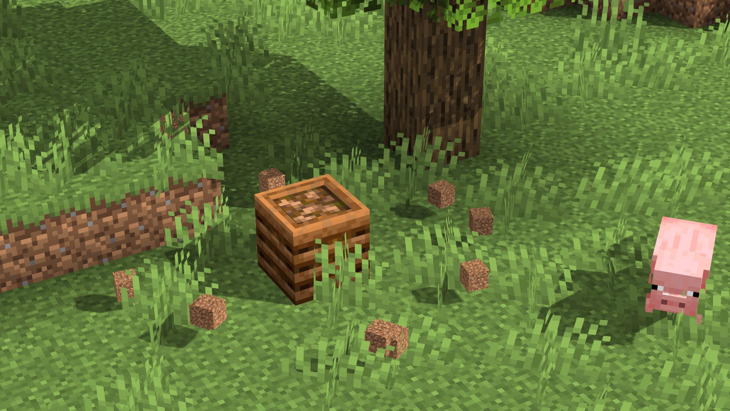 Скриншот игрового процесса Minecraft с добычей ресурсов и строительством убежища