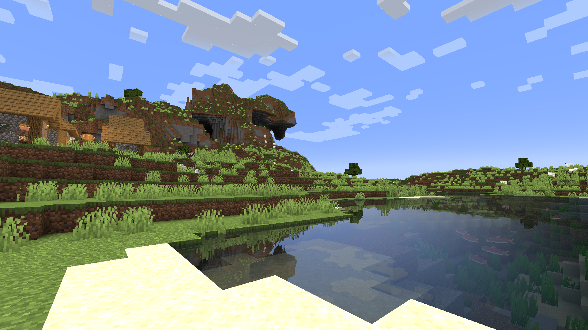 Красивый пейзаж биома Равнины в Minecraft с домами из дерева и пшеничными полями