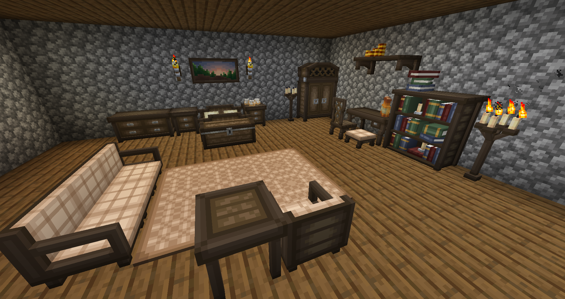 Сравнение стандартного интерьера Minecraft и улучшенного с модом Fantasy's Furniture