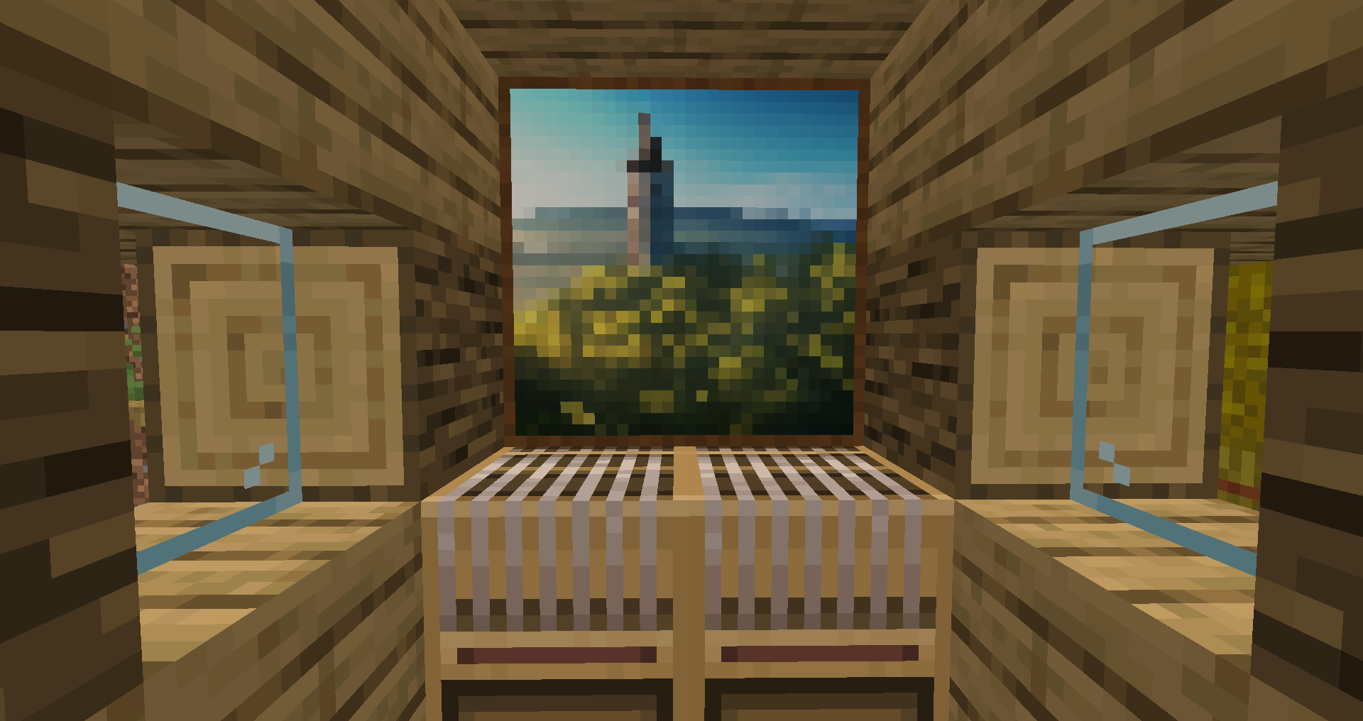 Игрок добывает ресурсы в Minecraft: рубит дерево и копает камень