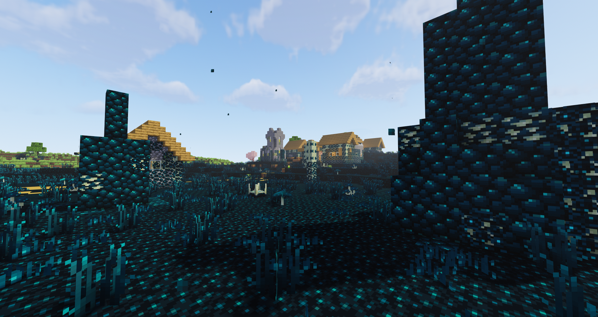 Заражённая деревня в Minecraft с Sculk-блоками и тенями