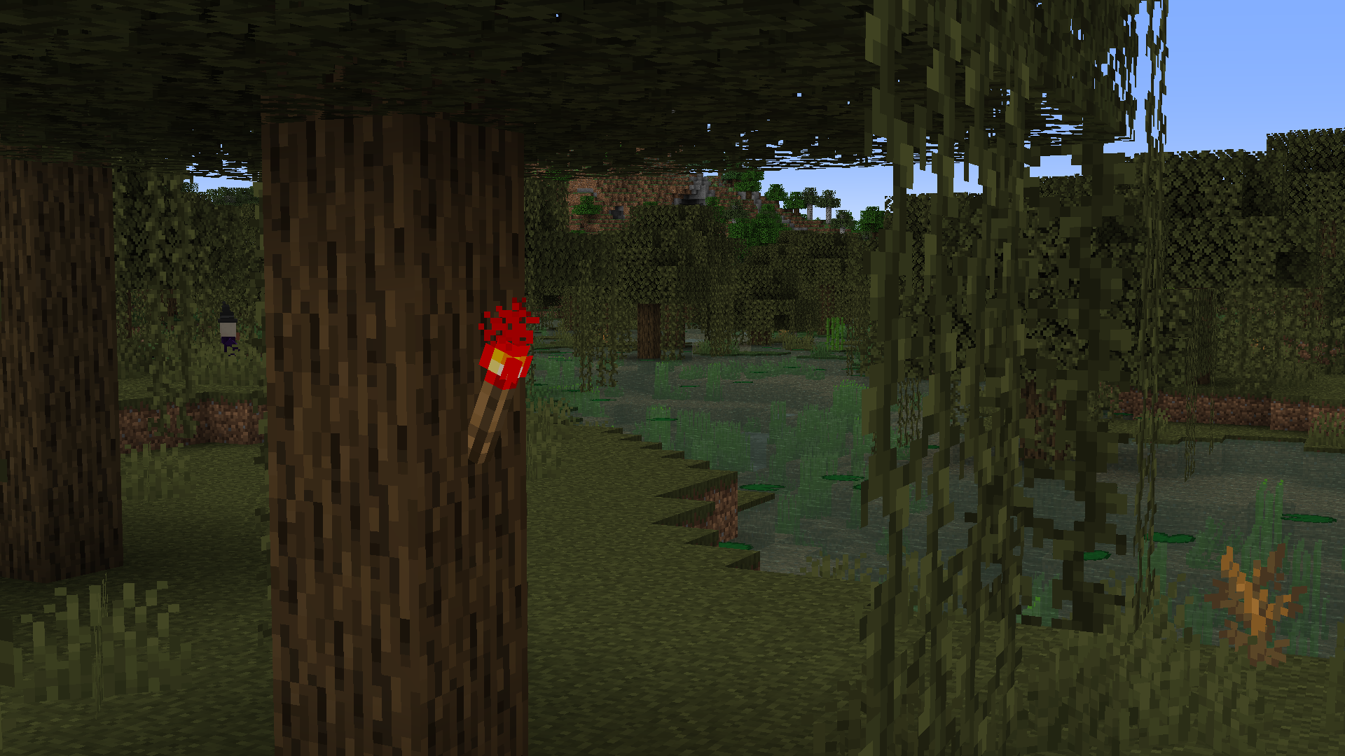 Закат в Minecraft с видом на горы и лес