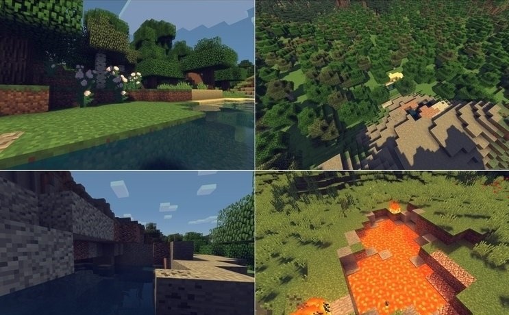 Ночной пейзаж в Minecraft с реалистичными тенями от шейдеров