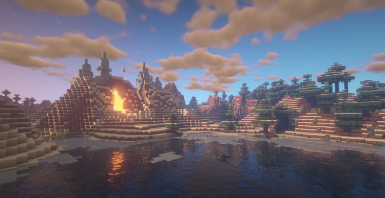 Горный биом в Minecraft с пещерами и водопадами
