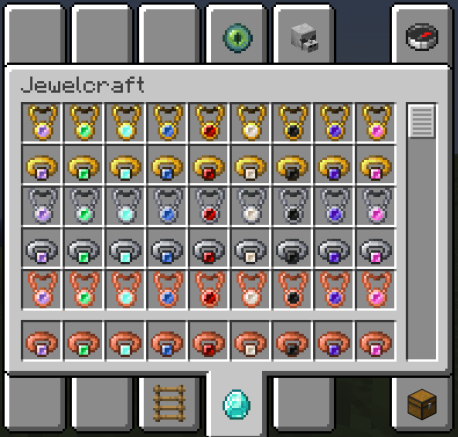Интерфейс инвентаря Minecraft с добавленными слотами для колец и амулетов от мода Jewelcraft