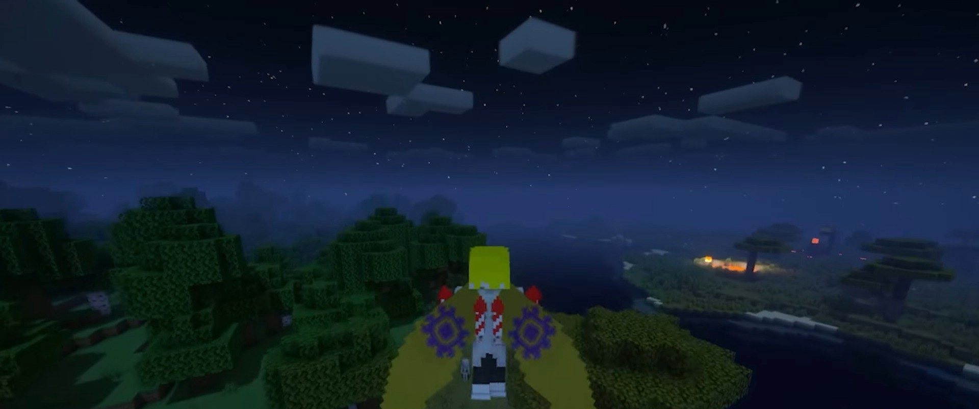Группа игроков летит на джетпаках над океаном в Minecraft