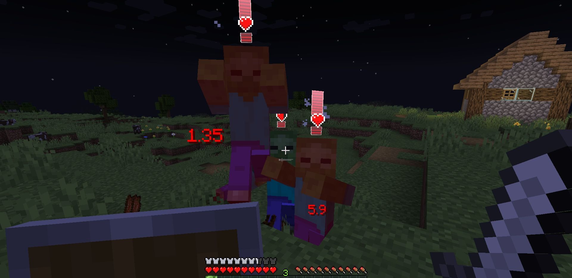 Игрок в Minecraft сражается с зомби, над которыми видны индикаторы агрессии
