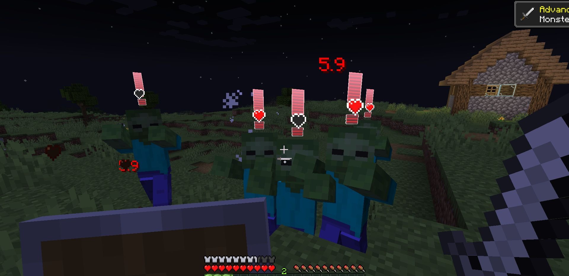 Скриншот Minecraft с модом Aggro Indicator, показывающий зомби с красным индикатором агрессии