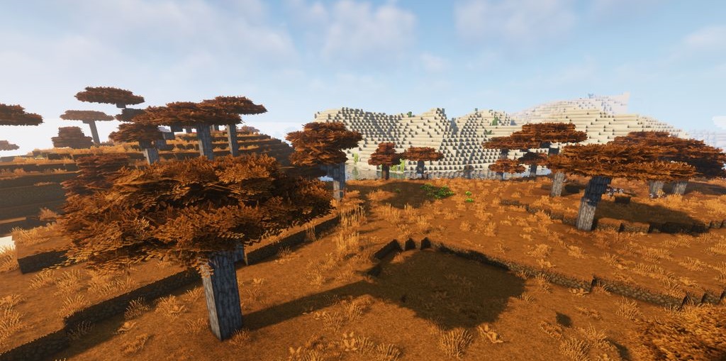 Скриншот Minecraft с текстур-паком Alacrity, демонстрирующий улучшенные блоки и окружение