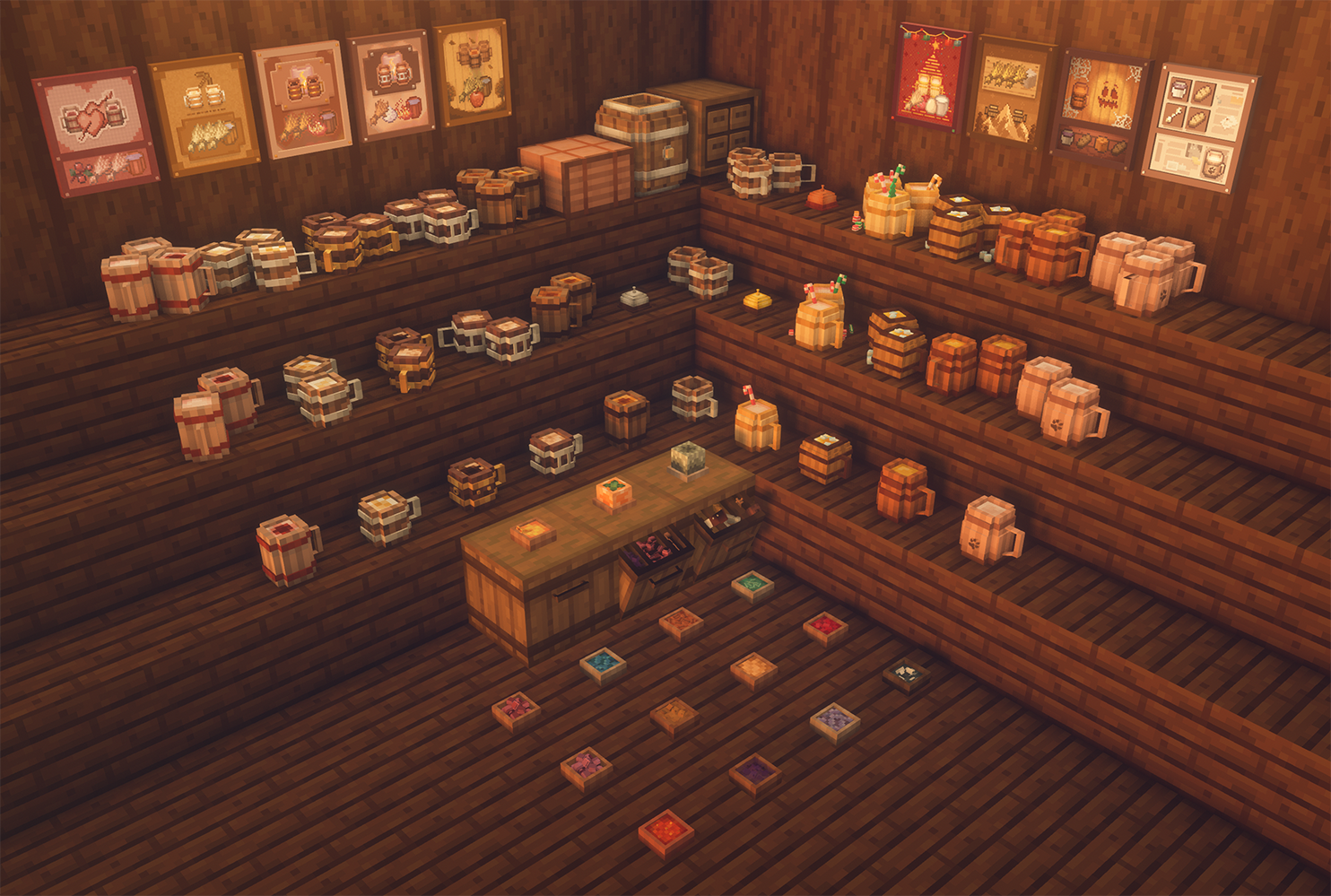 Различные блоки Minecraft в инвентаре игрока: дерево, камень, руды, декоративные элементы