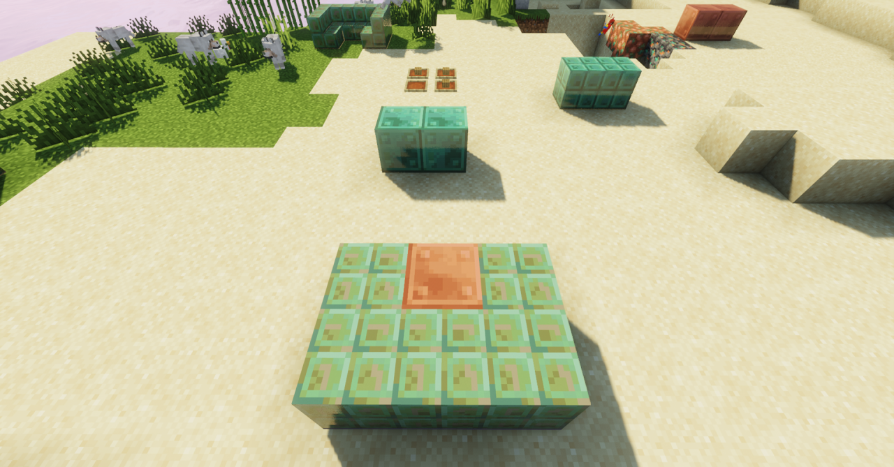 Пример использования медных блоков в постройках Minecraft с текстур-паком Alternate Copper