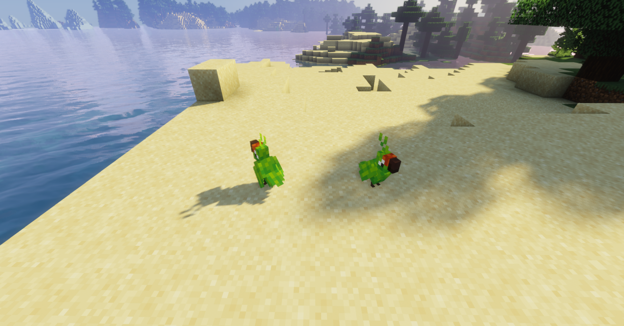 Яркие попугаи в Minecraft после установки текстурного пакета Alternate Parrots