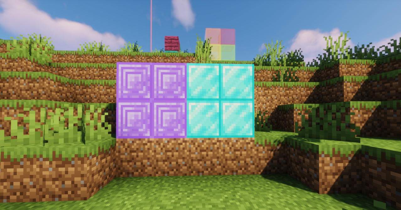 Скриншот Minecraft с фиолетовыми изумрудами из текстур-пака Amelila’s Shiny Emeralds