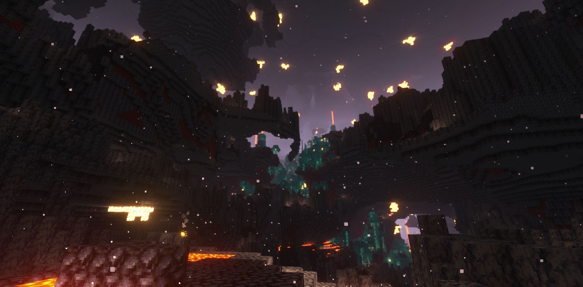 Вид на огромные горы и лавовые водопады в Amplified Nether для Minecraft