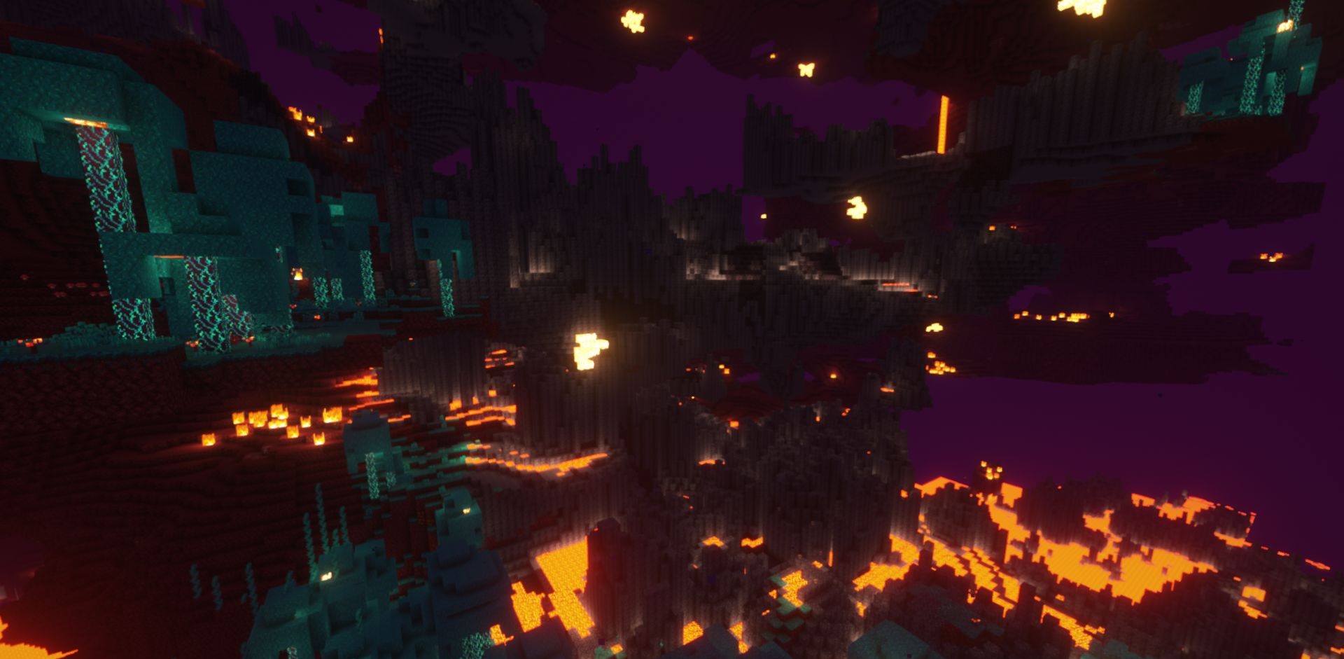 Эпичный пейзаж Нижнего мира с лавой и высокими утёсами в Minecraft