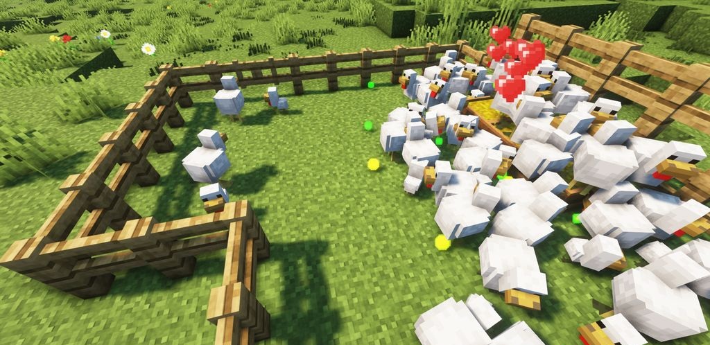 Свиньи и куры возле кормушки в Minecraft с модом Animal Feeding Trough