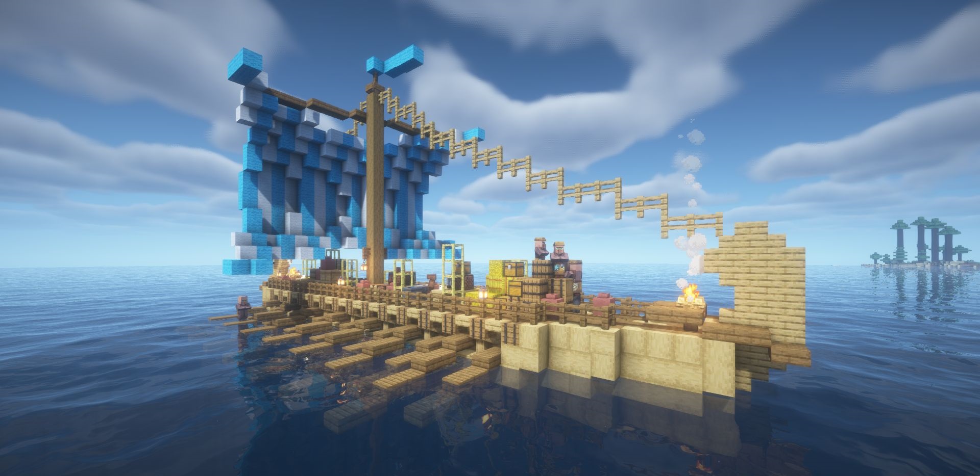 Внутренний интерьер торгового корабля в Minecraft с сундуками и NPC-торговцами