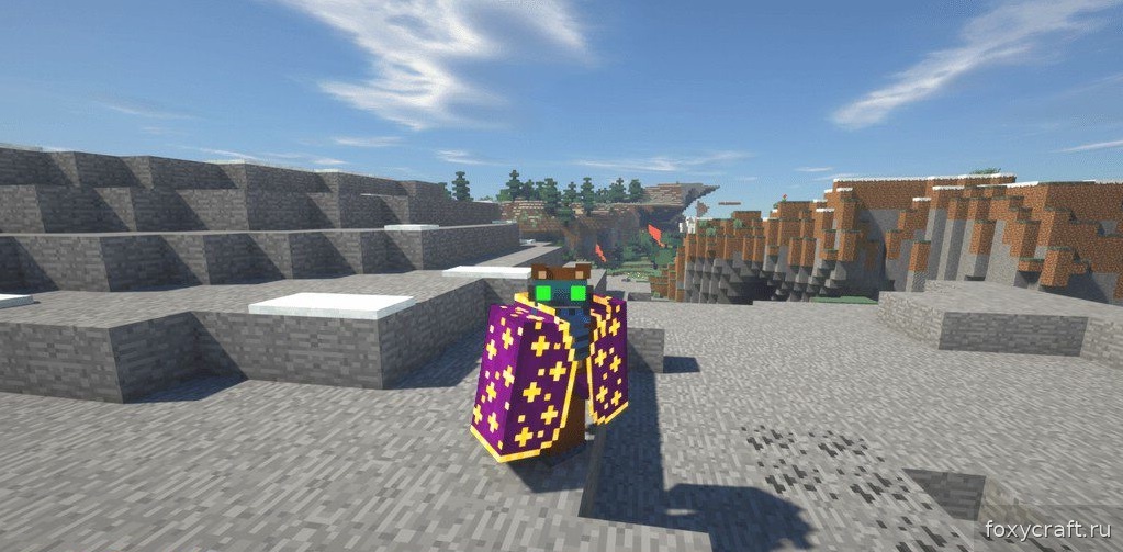 Игрок летает с помощью крыльев феникса в Minecraft