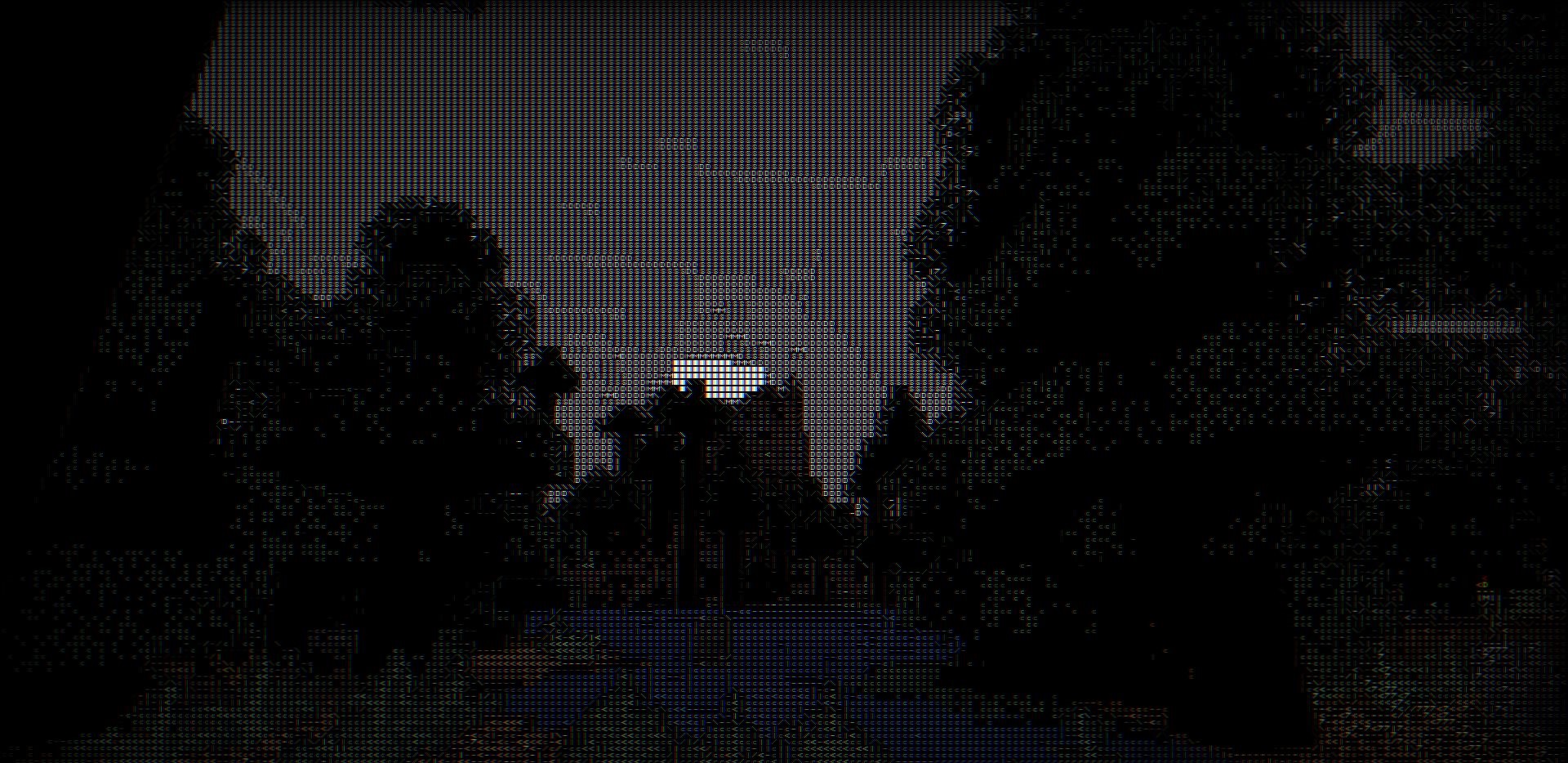 Ночной пейзаж в Minecraft с эффектом ASCII-шейдера