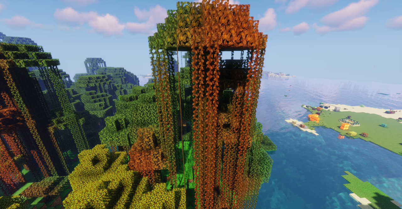 Скриншот Minecraft с текстур-паком Ashen Autumn Forest: лес в золотых тонах