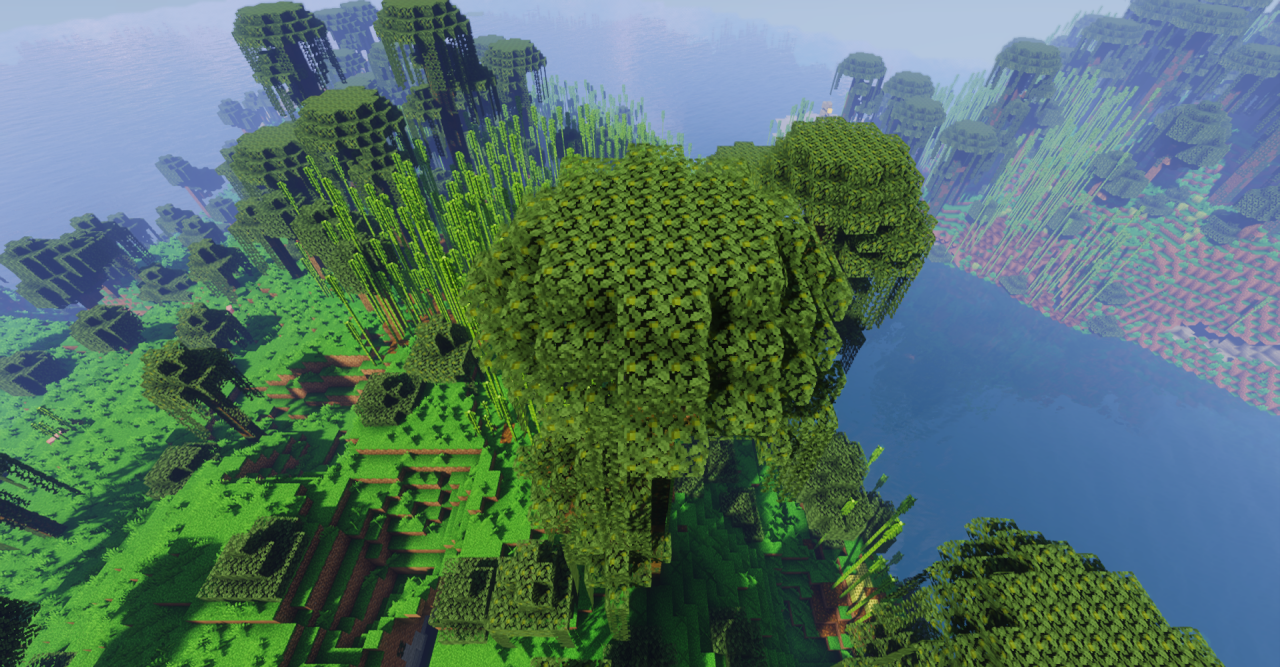 Minecraft с текстур-паком Ashen Autumn Forest: закат в осеннем лесу