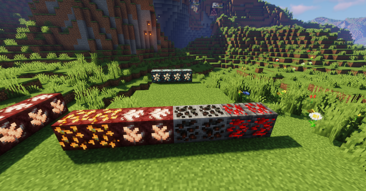 Сравнение обычных и светящихся руд в пещере Minecraft