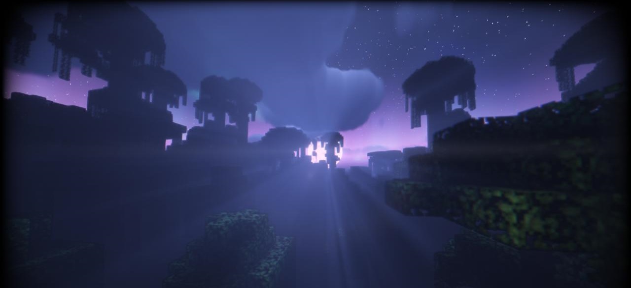 Ночной пейзаж в Minecraft с шейдерами AstraLex и красивыми огнями