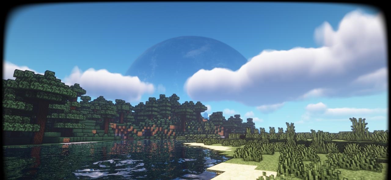 Ночной пейзаж в Minecraft с динамическим освещением от шейдеров