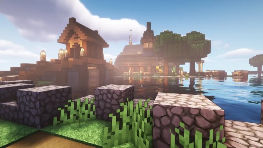 Детализированные текстуры воды и неба в Minecraft с шейдерами AstraLex