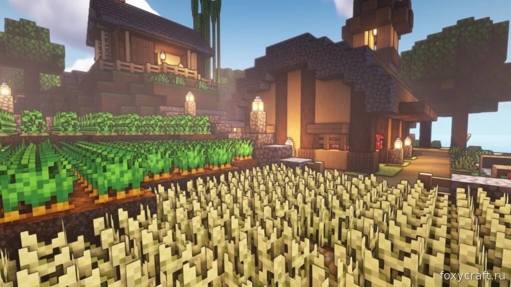 Закат в Minecraft с шейдерами AstraLex, демонстрирующий потрясающие цветовые переходы неба