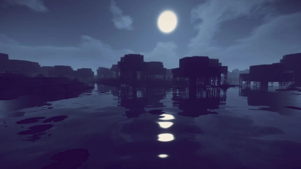 Ночной лес в Minecraft с шейдерами BSL: лунный свет, тени и атмосферные эффекты