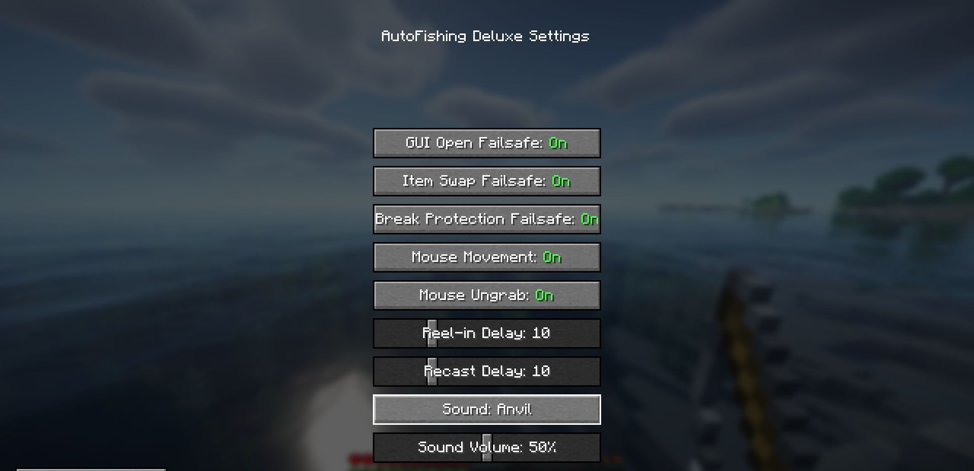 Настройки мода Auto Fishing Deluxe в меню Minecraft