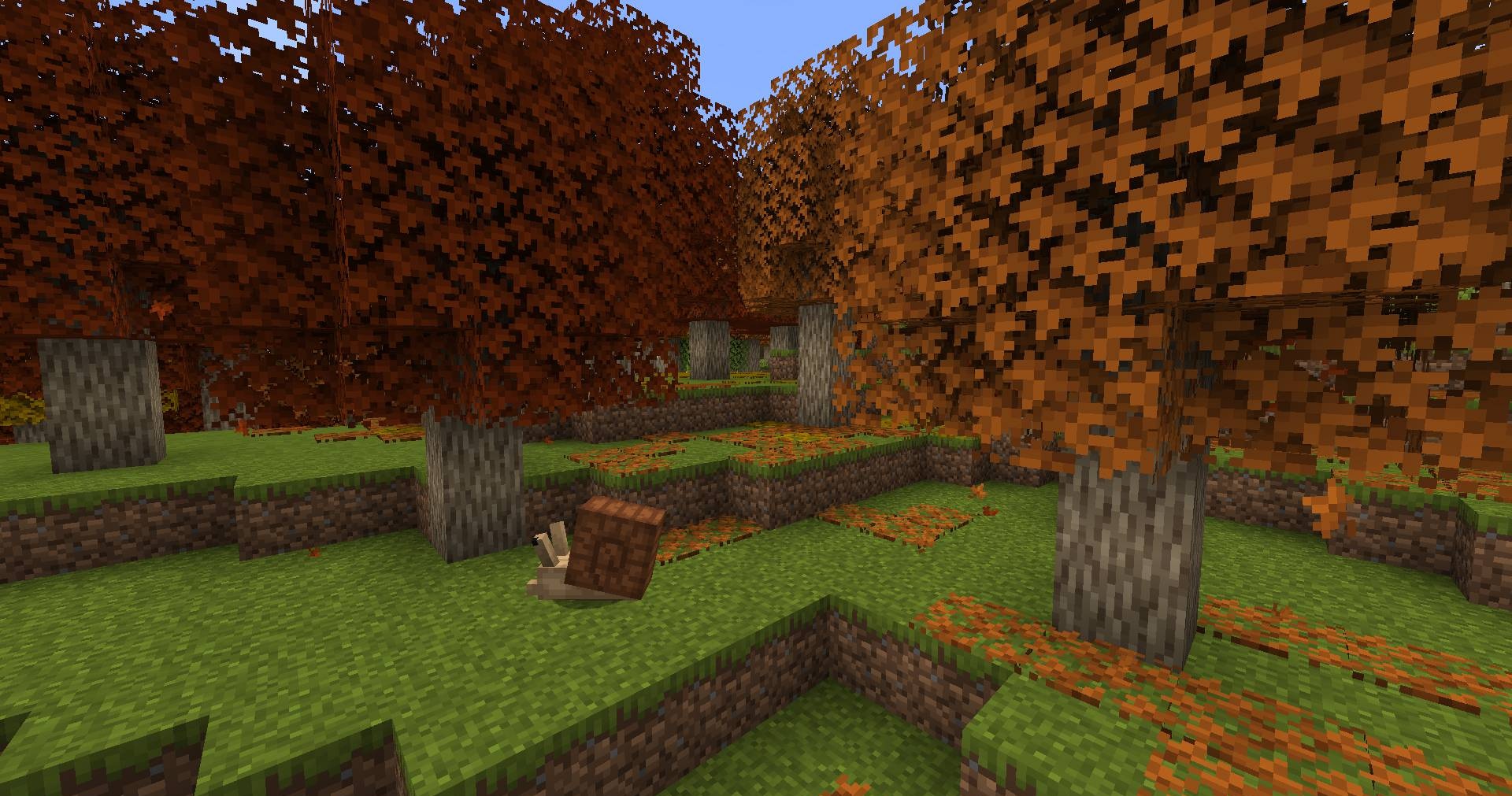 Игровой мир Minecraft с модом Autumnity: деревья с жёлтыми листьями