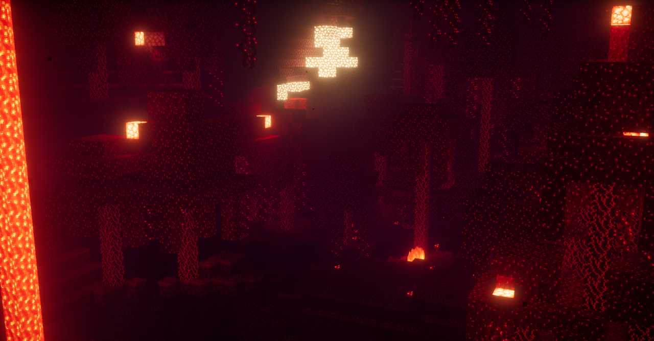 Ночной пейзаж в Minecraft с улучшенными тенями и отражениями благодаря AVPBR Retextured