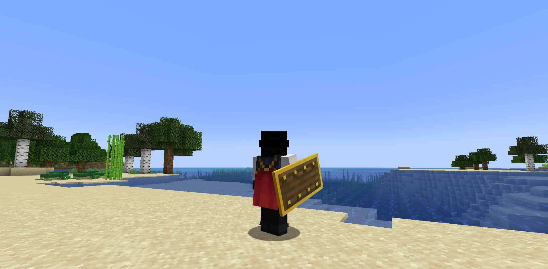 Игрок блокирует атаку зомби с помощью щита в Minecraft