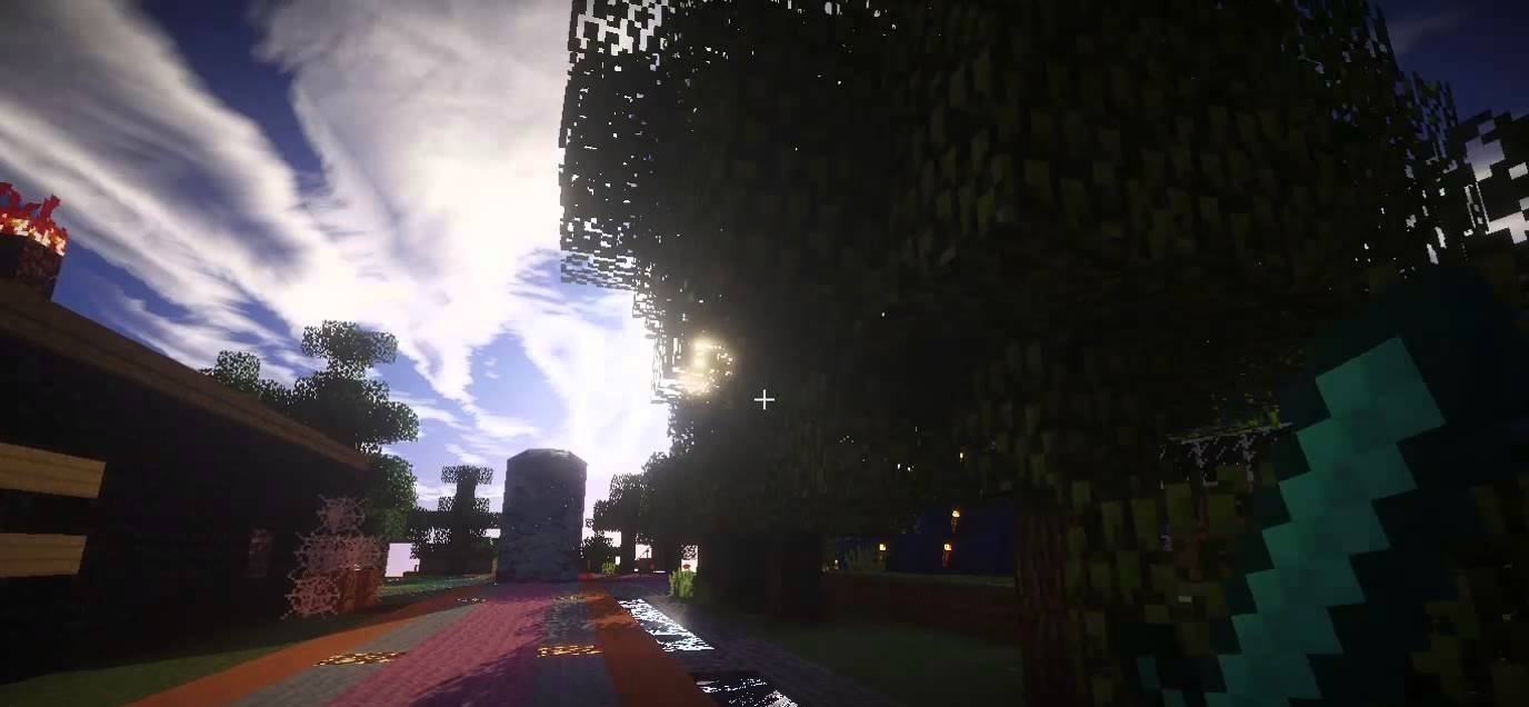 Красивый пейзаж в Minecraft с шейдером BBEPC, улучшенная вода и небо