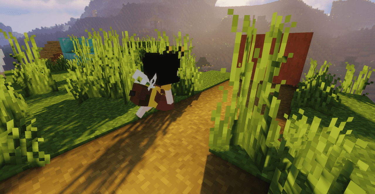 Скриншот Minecraft с аниме-пчёлами, собирающими мёд у цветов