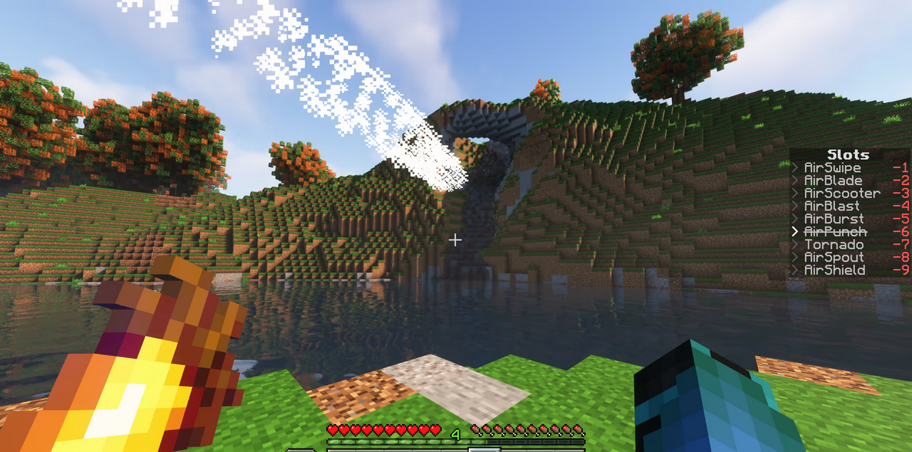 Игрок применяет огненное изгибание в битве с мобами в Minecraft