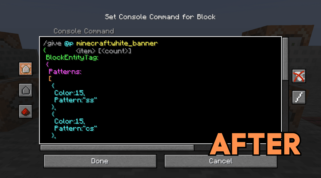 Сравнение стандартного и улучшенного интерфейса командного блока в Minecraft