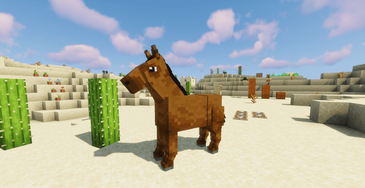Сравнение стандартной и улучшенной текстуры лошади в Minecraft с паком Better Horses