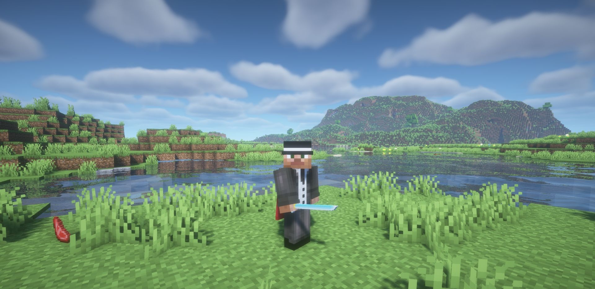 Игрок с катаной в руках сражается с мобами в Minecraft