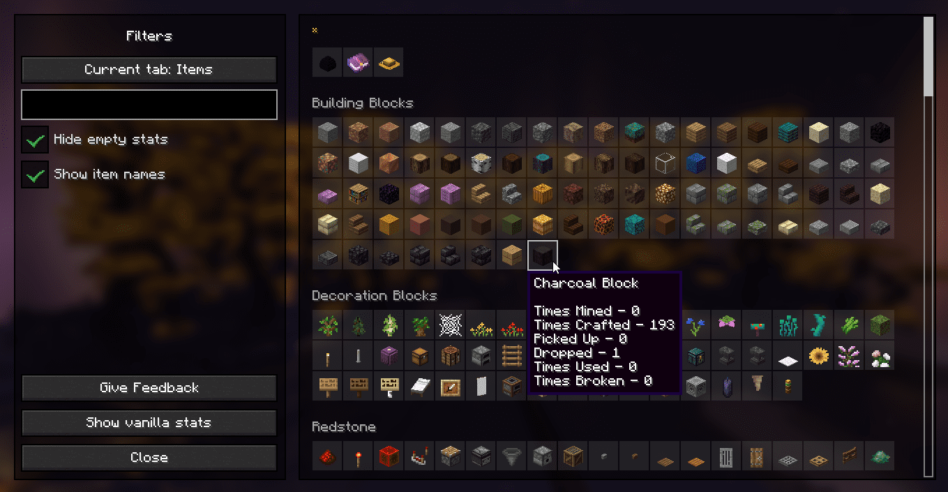 Подробная статистика игрока в моде Better Statistics Screen для Minecraft