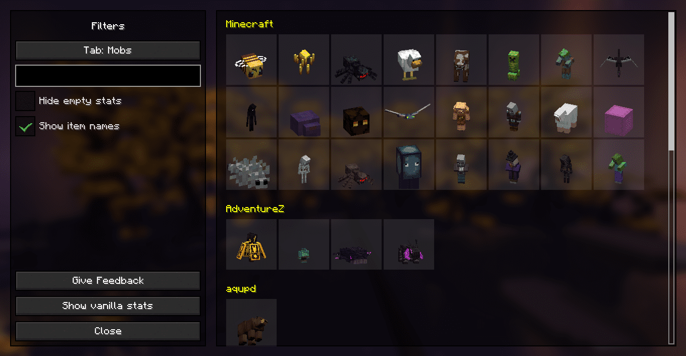 Фильтры и поиск в интерфейсе Better Statistics Screen для Minecraft